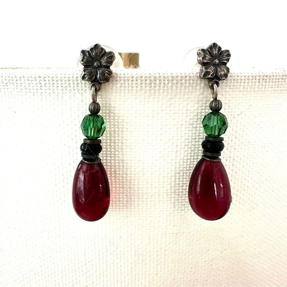 Elegant Red and Green Drop Floral Earrings - Picture 1 of 5